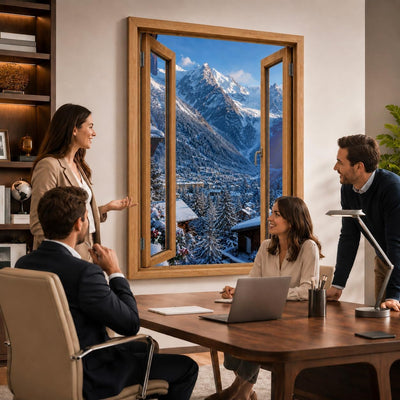 Idée d'usage dans un bureau : la vue sur Chamonix-Mont-Blanc ouvre le mur comme une vraie fenêtre, style de fenêtre au choix, toile canvas ou plexiglas, livré chez vous (exemple)