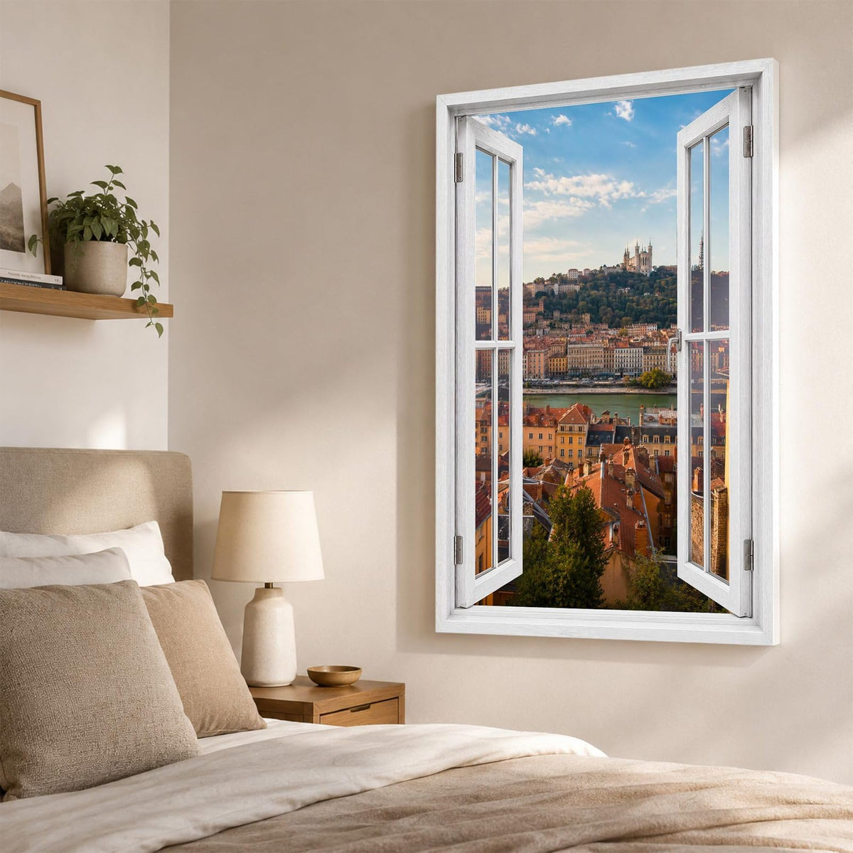 Trompe-l'œil sur Lyon dans une chambre, Fourvière et la Saône en perspective, sur toile canvas ou plexiglas en 60 x 40 cm, 80 x 60 cm ou 120 x 80 cm, livré chez vous (exemple)