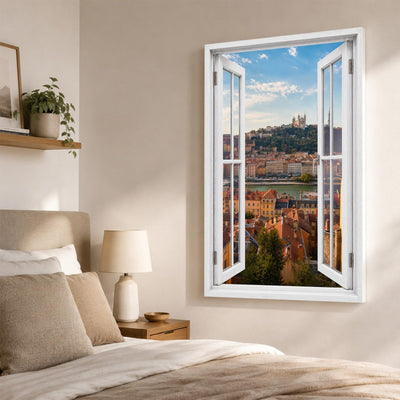 Trompe-l'œil sur Lyon dans une chambre, Fourvière et la Saône en perspective, sur toile canvas ou plexiglas en 60 x 40 cm, 80 x 60 cm ou 120 x 80 cm, livré chez vous (exemple)
