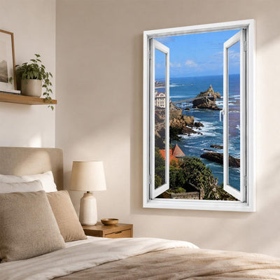 Trompe-l'œil sur Biarritz dans une chambre, rocher de la Vierge et océan en perspective, sur toile canvas ou plexiglas en 60 x 40 cm, 80 x 60 cm ou 120 x 80 cm, livré chez vous (exemple)