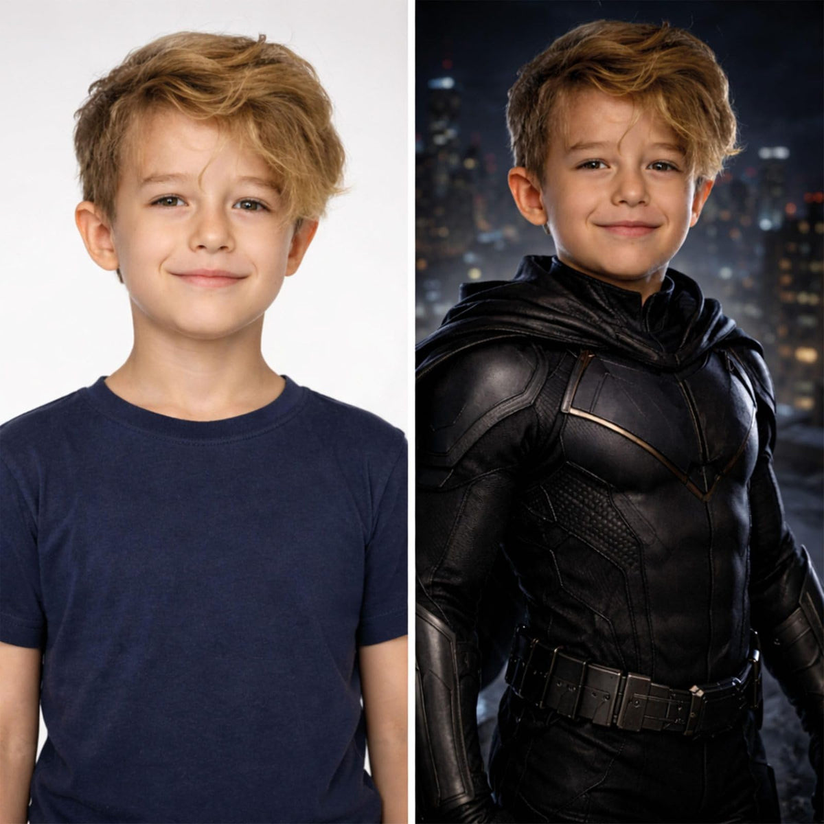 Avant, après côte à côte : la photo de votre enfant et sa version héros de la nuit, son visage gardé, tenue noire et cape ; imprimée puis livrée chez vous (exemple)