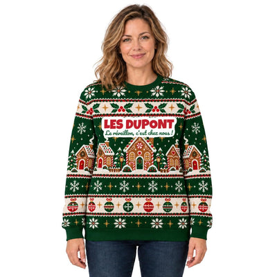 Sweat de Noël moche femme personnalisé, nom de famille, vert sapin