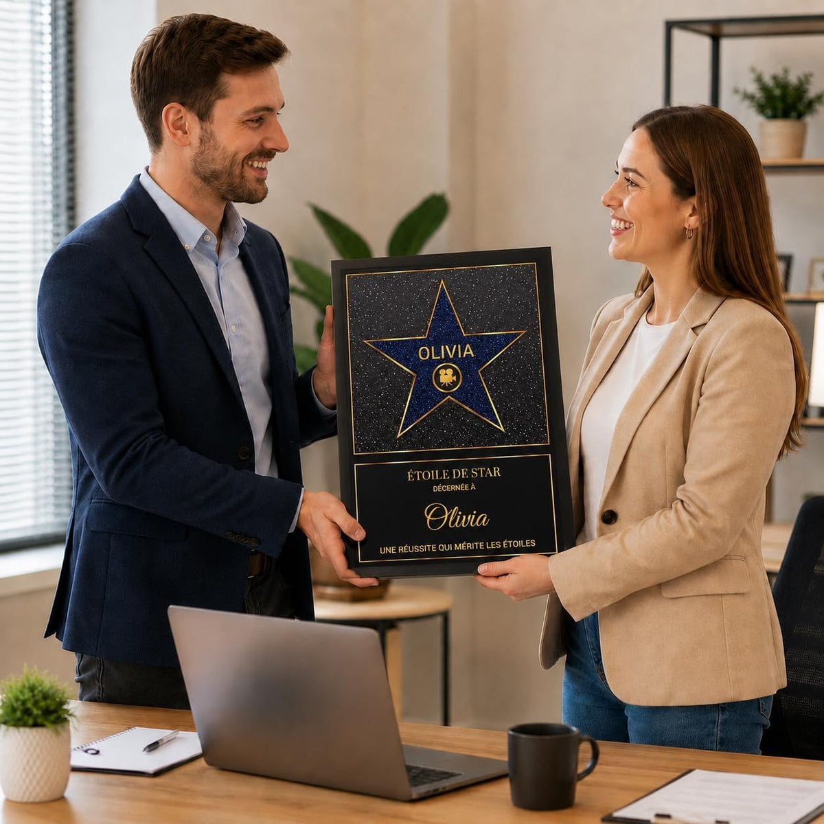 Exemple d'usage au bureau : l'étoile bleue pailletée façon Walk of Fame en cadre noir pour saluer une réussite, prénom et message personnalisés, imprimée et livrée chez vous (exemple)