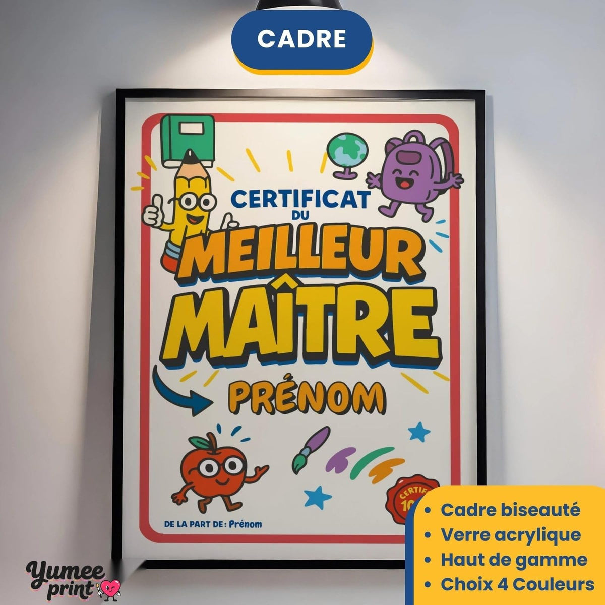 Certificat du meilleur maître en cadre noir avec verre acrylique, éclairé au mur ; cadre aussi en blanc, bois clair ou bois foncé, livré chez vous (exemple)