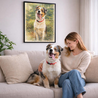 Portrait au crayon de couleur de votre chien d'après sa photo, accroché au salon en cadre noir ; aussi en affiche (poster), toile canvas ou plexiglas, livré chez vous (exemple)