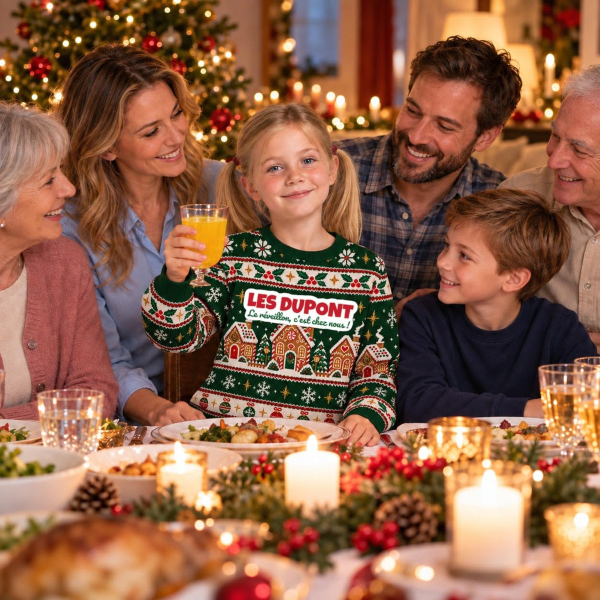 Sweat de Noël moche fille personnalisé, nom de famille, vert sapin
