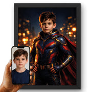 La photo de votre enfant devient un héros en armure, son visage gardé, armure bleu nuit et rouge, en cadre noir ; aussi en affiche (poster), toile canvas ou plexiglas, livré chez vous (exemple)