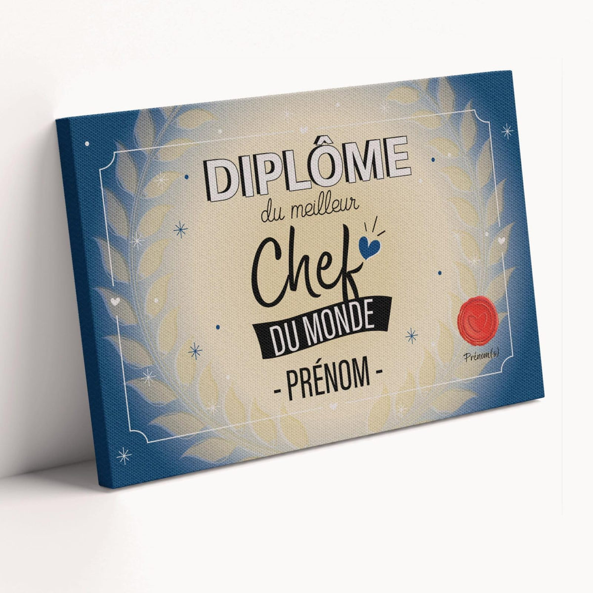 Diplôme humoristique « du meilleur chef du monde » à son prénom, façon parchemin bleu avec sceau rouge, sur toile canvas ; prénom et signature au choix, livré chez vous (exemple)