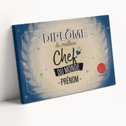 Diplôme humoristique « du meilleur chef du monde » à son prénom, façon parchemin bleu avec sceau rouge, sur toile canvas ; prénom et signature au choix, livré chez vous (exemple)