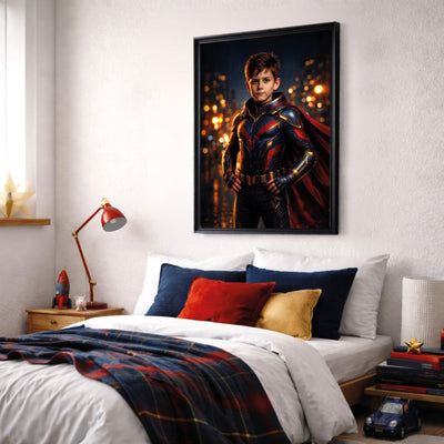 Création personnalisée : votre enfant en héros en armure bleu nuit et rouge d'après sa photo, son visage gardé, en cadre noir au-dessus d'un lit, imprimée et livrée chez vous (exemple)