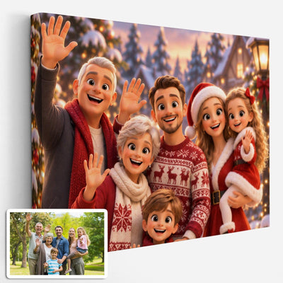 Un cliché pris en plein jour devient une scène de Noël en animation 3D, neige, guirlandes et tenue de fête pour chacun, sur toile canvas tendue sur châssis, livrée chez vous (exemple)