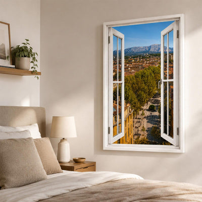 Trompe-l'œil sur Aix-en-Provence dans une chambre, platanes et Sainte-Victoire en perspective, sur toile canvas ou plexiglas en 60 x 40 cm, 80 x 60 cm ou 120 x 80 cm, livré chez vous (exemple)