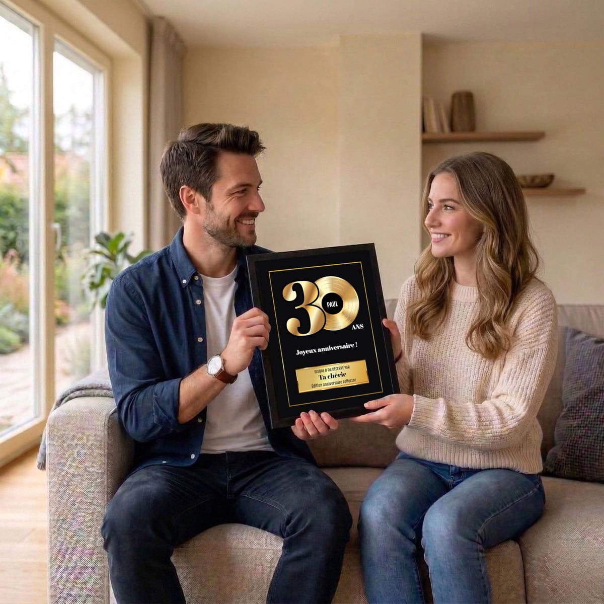 Exemple d'usage : un disque d'or des 30 ans en cadre noir offert en cadeau d'anniversaire, avec prénom et « décerné par » au choix, livré chez vous (exemple)