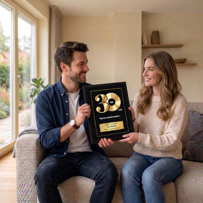 Exemple d'usage : un disque d'or des 30 ans en cadre noir offert en cadeau d'anniversaire, avec prénom et « décerné par » au choix, livré chez vous (exemple)