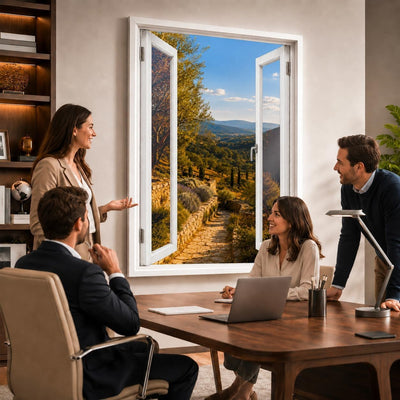 Idée d'usage dans un bureau : la vue sur la Provence ouvre le mur comme une vraie fenêtre, style de fenêtre au choix, toile canvas ou plexiglas, livré chez vous (exemple)