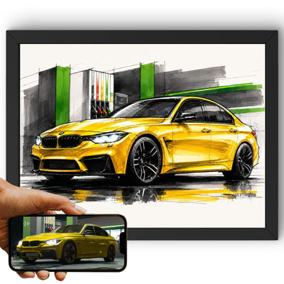 Création personnalisée : la photo de votre voiture devient un dessin réaliste façon illustration automobile, feutre et lavis, présenté en cadre noir puis livré chez vous (exemple)