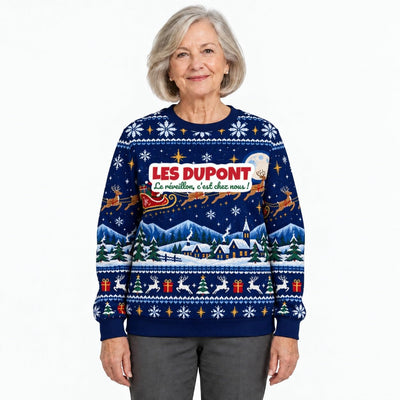 Sweat de Noël moche femme personnalisé, nom de famille, bleu marine