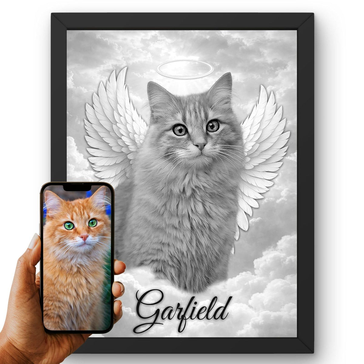 Portrait hommage de votre chat d'après sa photo, ailes d'ange et nuages, en noir et blanc, nuances de gris, son prénom écrit dessous, en cadre noir, livré chez vous (exemple)