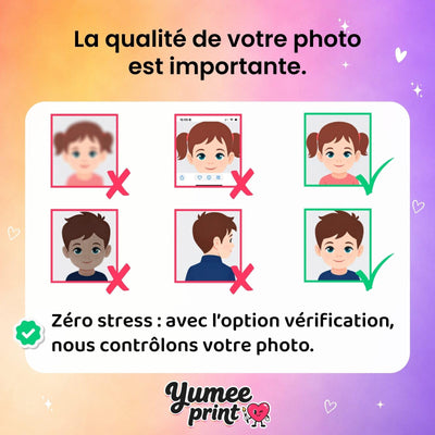 Votre enfant net, de face, ni flou, ni trop sombre faute de lumière, ni de dos, ni en capture d'écran ; avec l'option contrôle et/ou amélioration HD de la photo, nous la vérifions