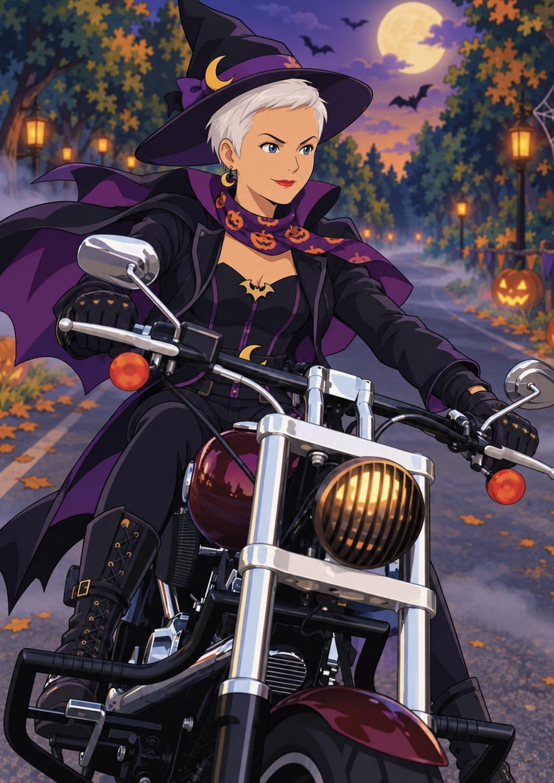 Votre photo en manga d'Halloween : chapeau de sorcière, cape et pleine lune, couleurs vives en aplats, imprimée en affiche (poster), toile canvas, plexiglas ou cadre, livrée chez vous (exemple)