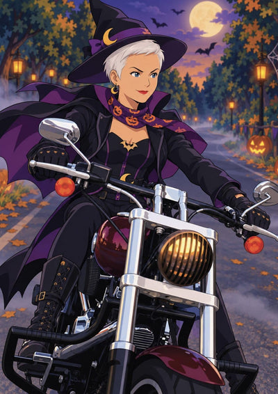 Votre photo en manga d'Halloween : chapeau de sorcière, cape et pleine lune, couleurs vives en aplats, imprimée en affiche (poster), toile canvas, plexiglas ou cadre, livrée chez vous (exemple)
