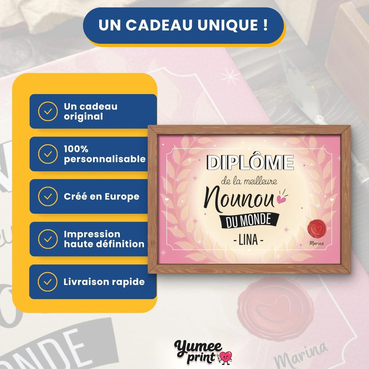 Diplôme « de la meilleure nounou du monde » en cadre effet bois : un cadeau original, personnalisable avec son prénom et votre signature, livré chez vous (exemple)