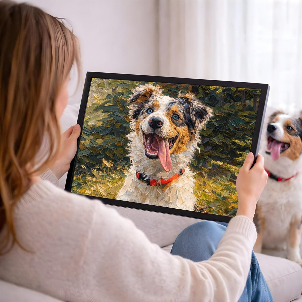 Votre photo devient un portrait façon peinture à l'huile en format paysage, ici en cadre noir tenu en main ; cadre noir, blanc, bois clair ou bois foncé au choix, livré chez vous (exemple)