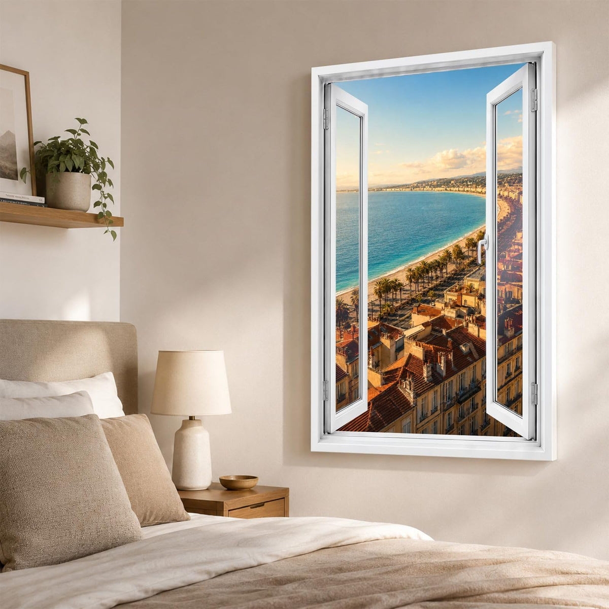 Trompe-l'œil sur Nice dans une chambre, baie des Anges en perspective, sur toile canvas ou plexiglas en 60 x 40 cm, 80 x 60 cm ou 120 x 80 cm, livré chez vous (exemple)