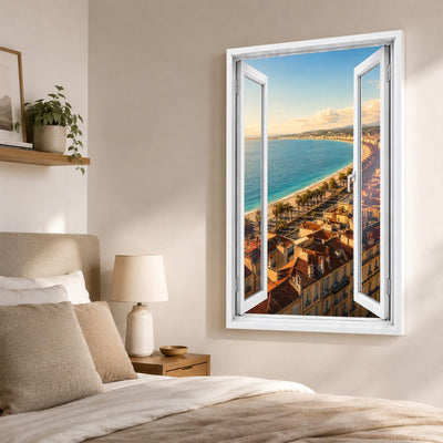 Trompe-l'œil sur Nice dans une chambre, baie des Anges en perspective, sur toile canvas ou plexiglas en 60 x 40 cm, 80 x 60 cm ou 120 x 80 cm, livré chez vous (exemple)