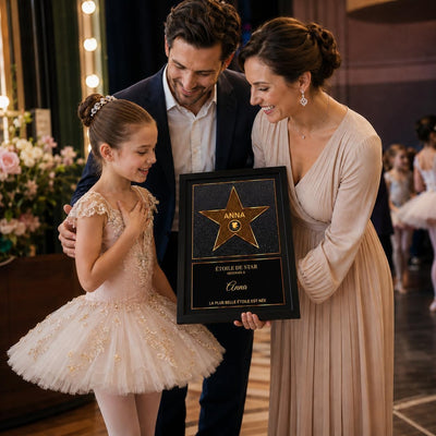 Exemple d'usage : l'étoile orange façon Walk of Fame en cadre noir, offerte après un spectacle ; prénom et message au choix, imprimée et livrée chez vous (exemple)