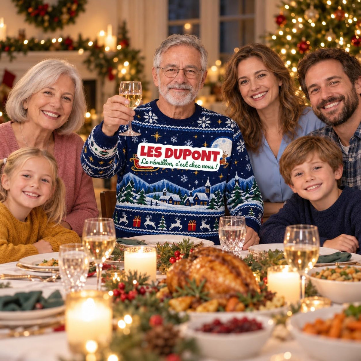 Sweat de Noël moche homme personnalisé, nom de famille, bleu marine