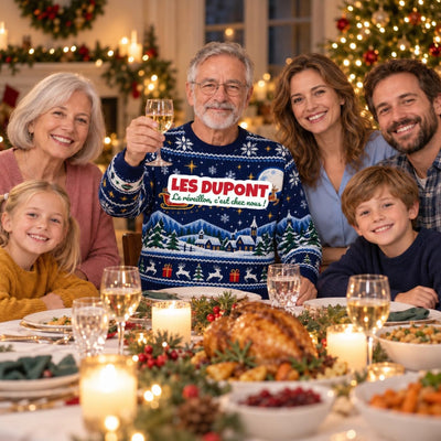 Sweat de Noël moche homme personnalisé, nom de famille, bleu marine