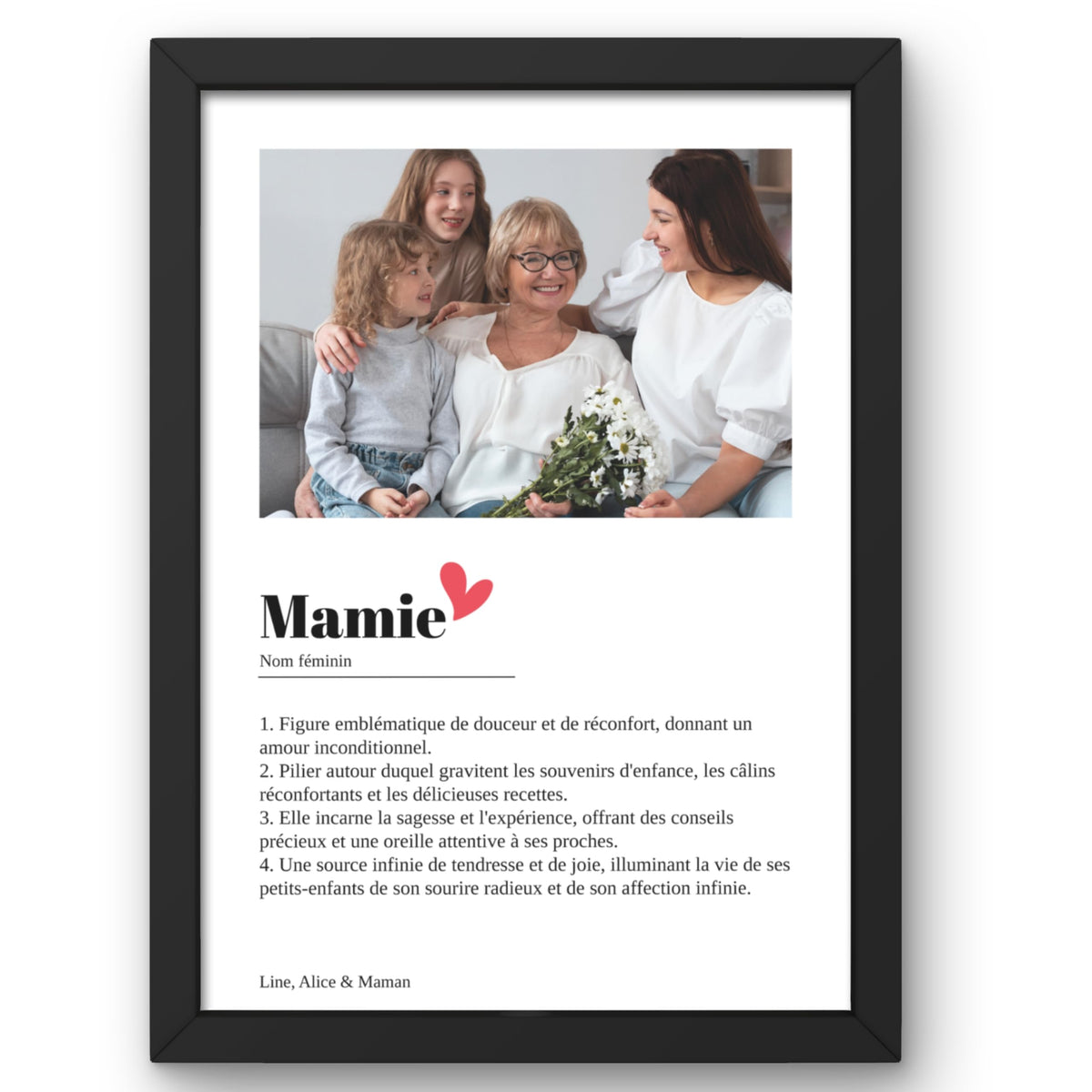 Affiche « Mamie, nom féminin » façon définition de dictionnaire : votre photo, quatre définitions et votre signature, avec un cœur rouge, en cadre noir livré chez vous (exemple)