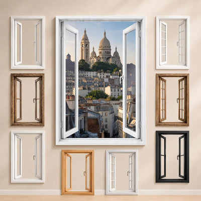 La vue sur Montmartre à Paris et les styles de fenêtre proposés pour l'encadrer : bois, PVC blanc, alu noir ou sans fenêtre, imprimée sur toile ou plexiglas puis livrée (exemple)
