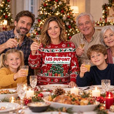 Sweat de Noël moche femme personnalisé, nom de famille, rouge