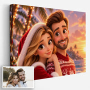 Création personnalisée : votre photo devient une scène de Noël façon film d'animation 3D en format paysage, tenues de fête et lumières, imprimée sur toile canvas et livrée chez vous (exemple)