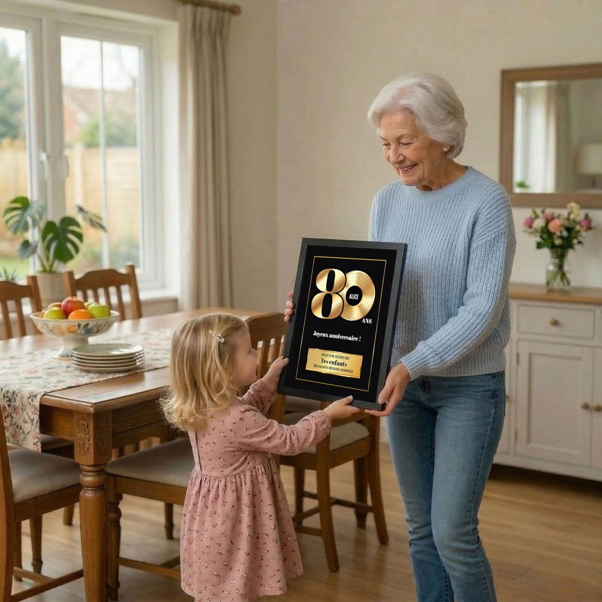 Exemple d'usage : un disque d'or des 80 ans en cadre noir offert en cadeau d'anniversaire, avec prénom et « décerné par » au choix, livré chez vous (exemple)