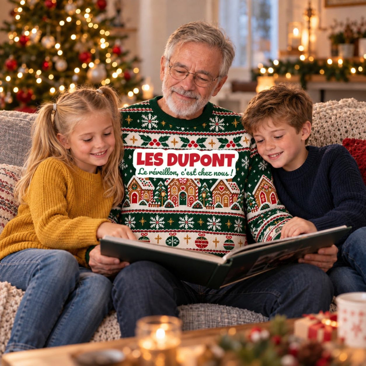 Sweat de Noël moche homme personnalisé, nom de famille, vert sapin