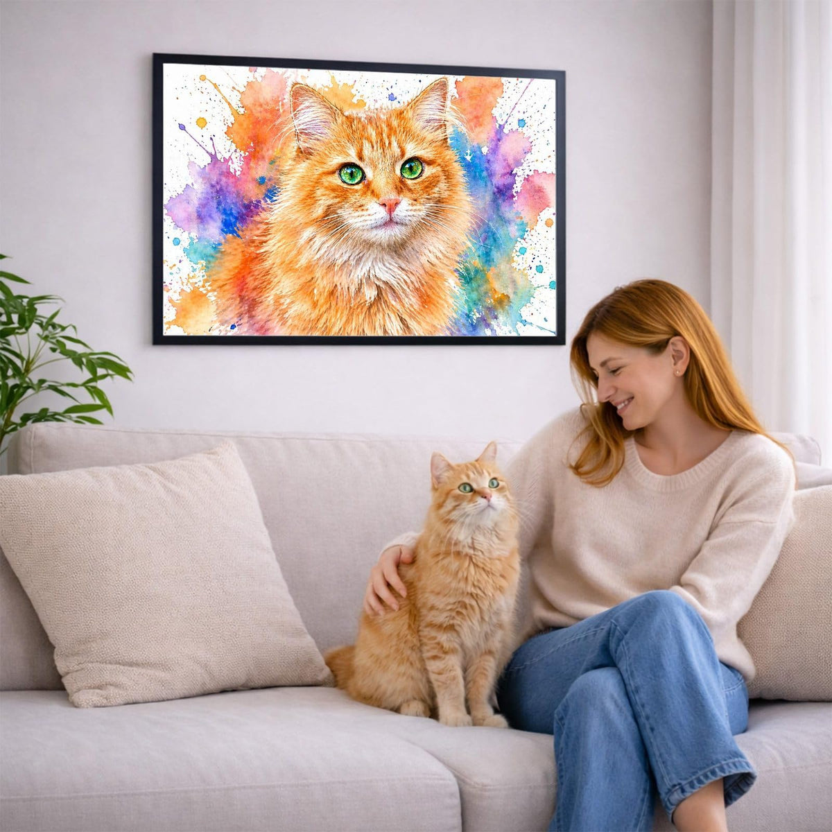 Portrait éclats de couleurs en format paysage de votre chat d'après sa photo, accroché au salon en cadre noir ; aussi en affiche (poster), toile canvas ou plexiglas, livré chez vous (exemple)