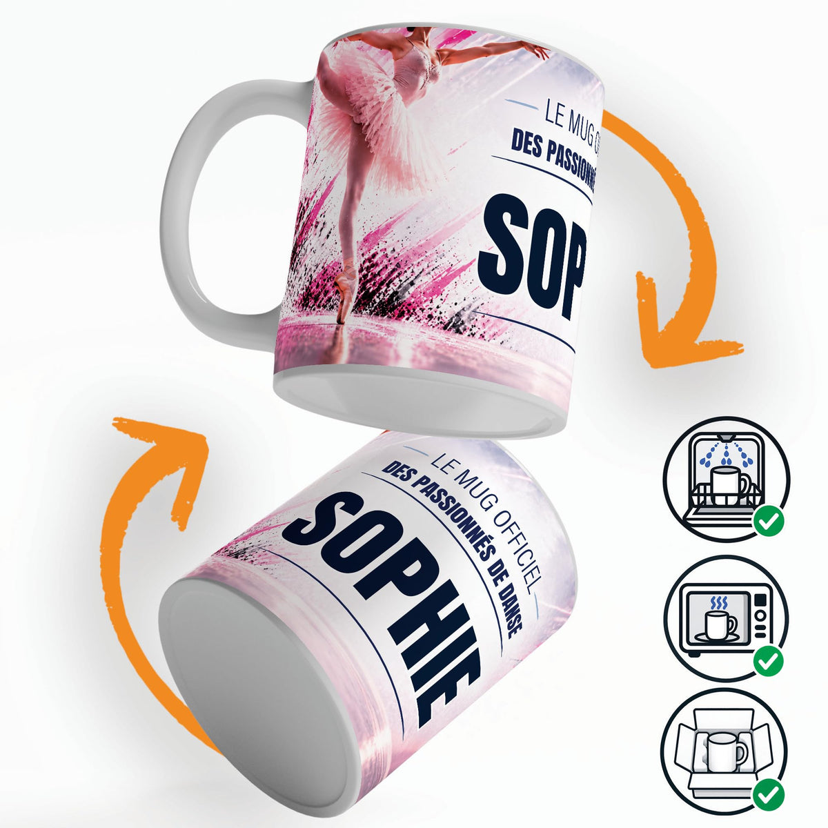 Mug danse classique personnalisé qui tourne sur lui-même, avec trois pictogrammes : lave-vaisselle, micro-ondes et mug calé dans son emballage pour la livraison chez vous (exemple)