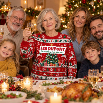 Sweat de Noël moche femme personnalisé, nom de famille, rouge