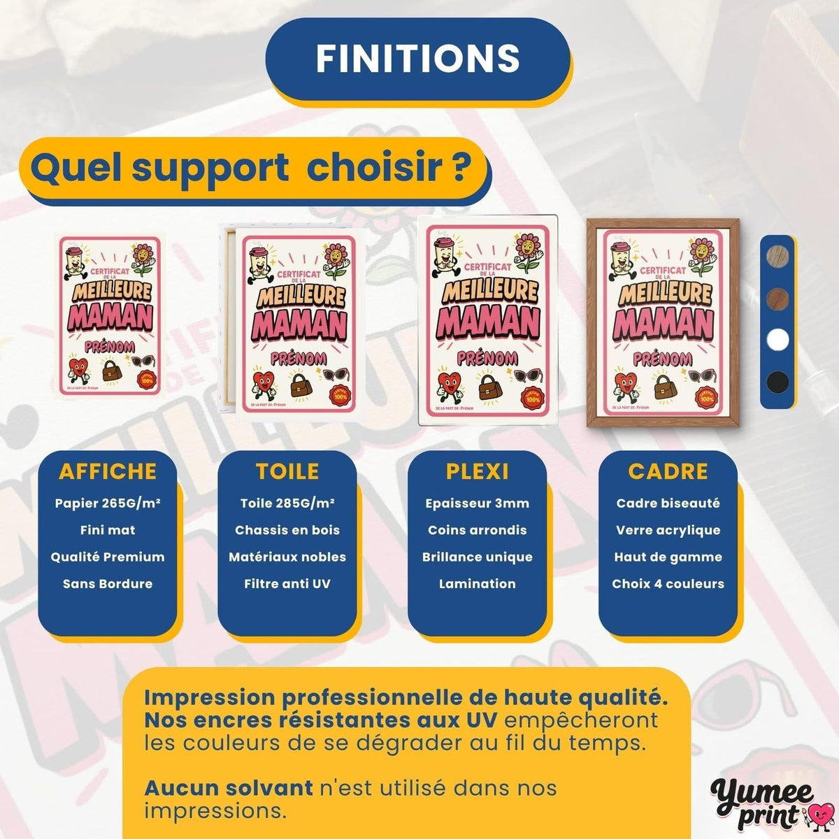 Certificat de la meilleure maman en quatre finitions : affiche (poster), toile canvas, plexiglas ou cadre ; le cadre existe en noir, blanc, bois clair ou bois foncé, livré chez vous (exemple)