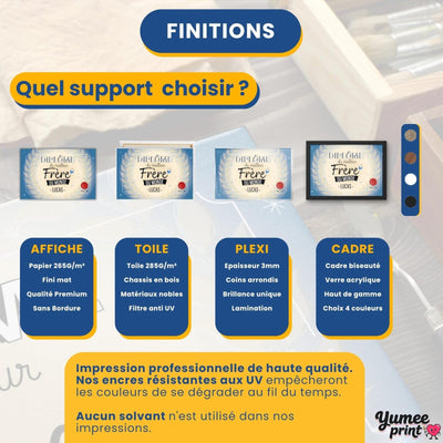 Diplôme « du meilleur frère » en quatre finitions : affiche (poster), toile canvas, plexiglas ou cadre ; le cadre existe en noir, blanc, bois clair ou bois foncé, livré chez vous (exemple)