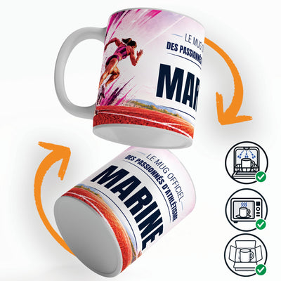 Mug athlétisme personnalisé qui tourne sur lui-même, avec trois pictogrammes : lave-vaisselle, micro-ondes et mug calé dans son emballage pour la livraison chez vous (exemple)