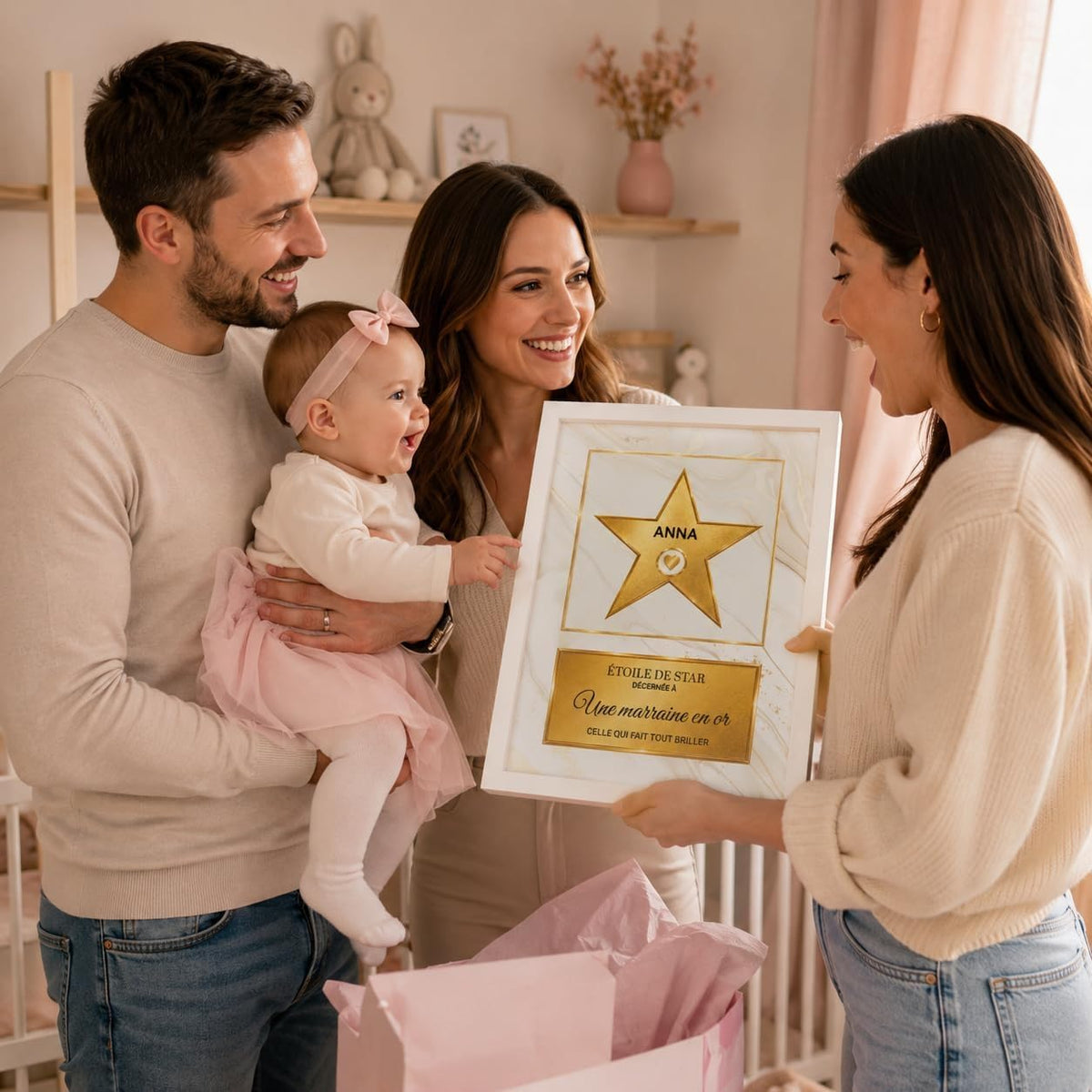 Exemple d'usage pour une naissance : l'étoile dorée sur marbre blanc en cadre blanc, prénom et message au choix, façon Walk of Fame, imprimée et livrée chez vous (exemple)