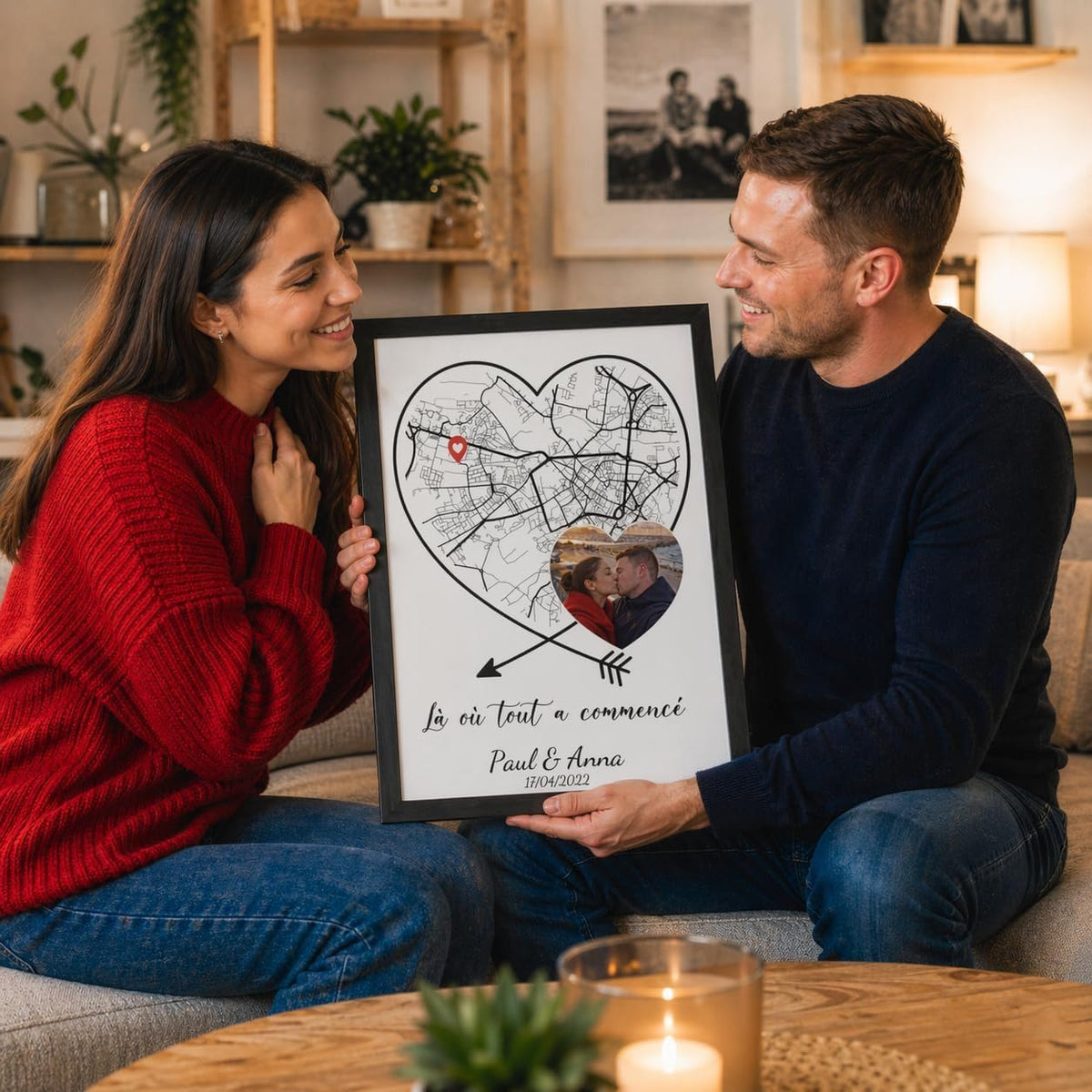 Carte en cœur sur fond blanc avec votre photo, en cadre noir, offerte dans un salon : un exemple de cadeau pour un moment fort de votre couple, livré chez vous (exemple)