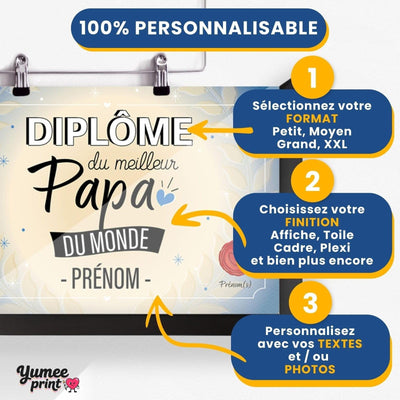 Personnalisez le diplôme « du meilleur papa » en trois étapes : format, finition puis textes, avec son prénom et votre signature, imprimé et livré chez vous (exemple)