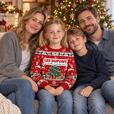 Sweat de Noël moche fille personnalisé, nom de famille, rouge