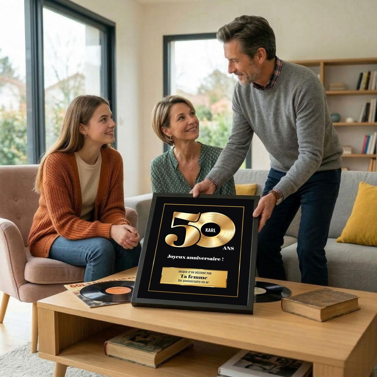Exemple d'usage : le disque d'or des 50 ans en cadre noir présenté au salon ; prénom, signature « décerné par » et message, imprimé puis livré chez vous (exemple)