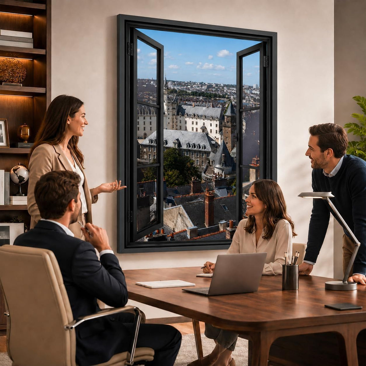 Idée d'usage dans un bureau : la vue sur Nantes ouvre le mur comme une vraie fenêtre, style de fenêtre au choix, toile canvas ou plexiglas, livré chez vous (exemple)